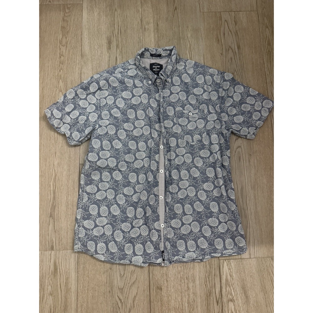 Pineapple Print Button Down Shirt Blue Mens L Slim Fit Artistry in Motion